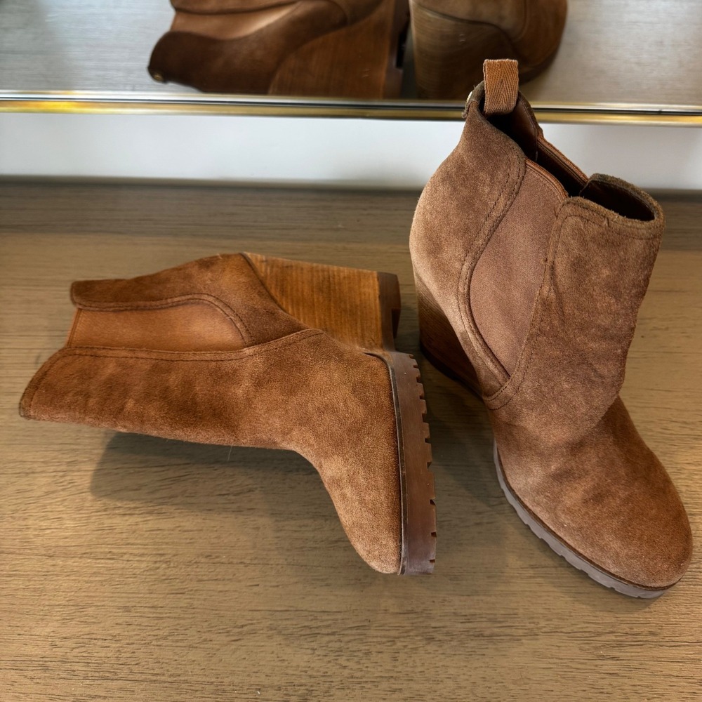 Michael Kors Women 7.5 Tan Suede Wedge Heel Ankle Pull On Booties Boho Casual